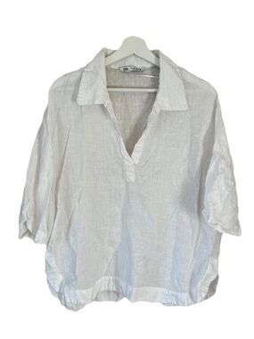 Zara White 100% Linen V-Neck Collared Top Size L Lagenlook Oversized CBK